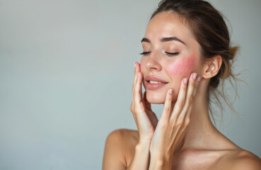 Young woman with reddened cheeks touches her face gently. Her eyes are closed, conveying a sense of calm or sensitivity, with a natural beauty look focusing on skin condition.