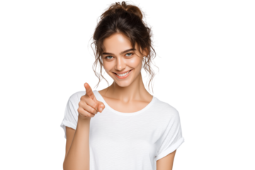 Young woman smiling and pointing playfully on a bright background during a casual moment of fun Generative AI