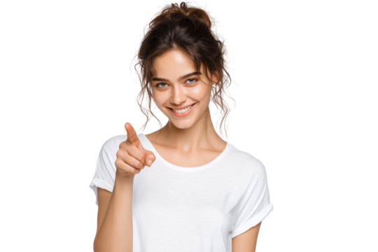 Young woman smiling and pointing playfully on a bright background during a casual moment of fun Generative AI