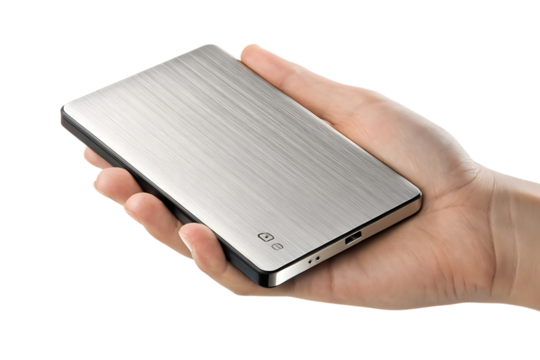 silver brushed metal portable hard drive, cutout, PNG isolated on a white or transparent background, AI