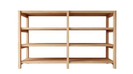Wooden shelving unit made from light-colored wood showing four open shelves, ideal for organizing or displaying items at home Generative AI