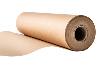 Brown kraft paper roll on white background with a portion unrolled, ideal for packaging and crafts, showcasing texture and flexibility Generative AI