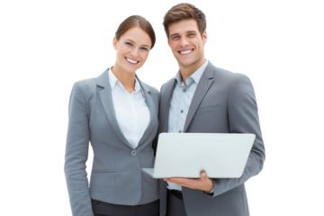 Professional young couple working together with a laptop in a bright, modern setting during a business meeting Generative AI