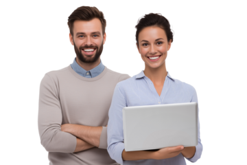 Couple smiling while using a laptop together indoors in a bright setting during the day Generative AI