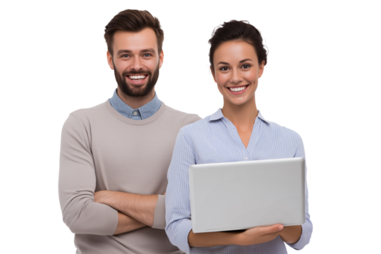 Couple smiling while using a laptop together indoors in a bright setting during the day Generative AI