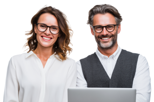 Professional business team smiles while working on a laptop in a bright office setting Generative AI