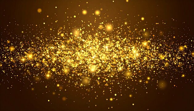 A shimmering abstract illustration depicts a golden glittery cloud effect, dispersed on a dark brown background, creating a celebratory atmosphere - Powered by Adobe