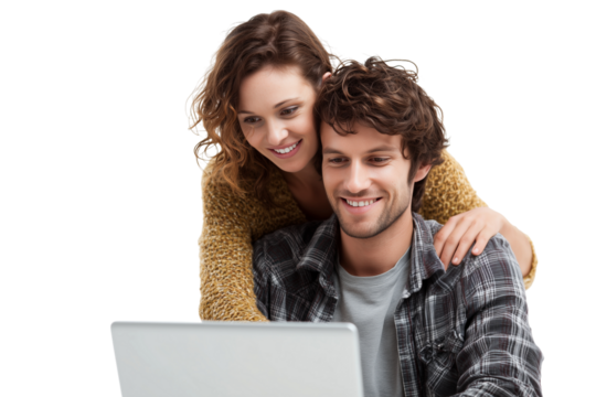 Couple enjoying time together while working on a laptop in a cozy indoor setting during the day Generative AI - Powered by Adobe