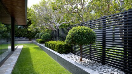 Modern landscape design featuring lush greenery and structured elements in a serene outdoor space