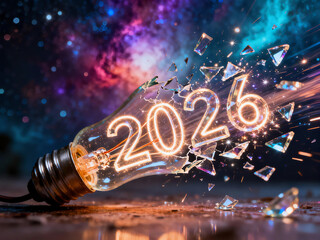 Brightly glowing 2026 numbers shatter a light bulb into flying glass shards with sparks, symbolizing new ideas, future innovation, and a dynamic New Year.