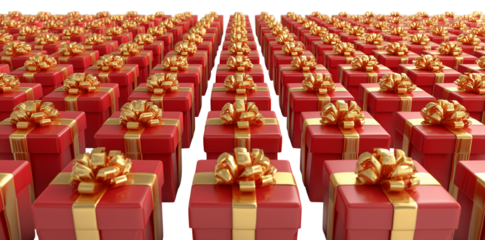 Bright red gift boxes with gold ribbons arranged neatly in a large room for a celebration or special occasion Generative AI