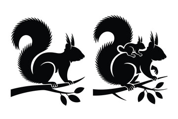 Vector art of squirrel silhouette on a branch, one with a baby