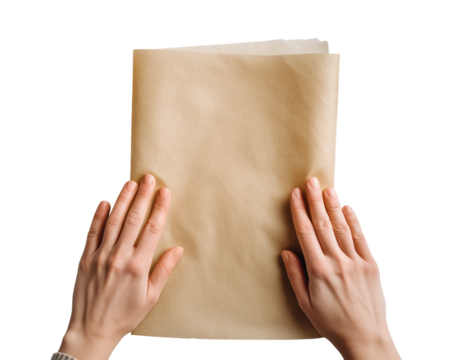Hands holding a sheet of brown paper on a white surface in a well-lit environment Generative AI
