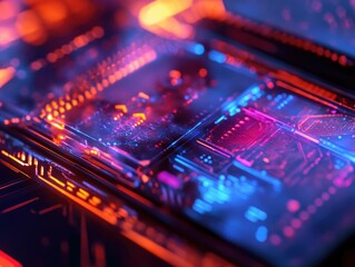 Obraz premium Circuit board lights glow with bright blue and orange energy in a close up abstract view.