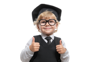 Young boy in graduation outfit giving thumbs up with big glasses and backpack showing excitement for school achievement Generative AI