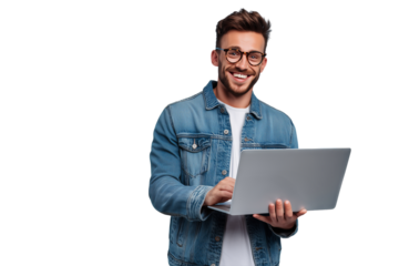 Man in denim jacket smiles while using a laptop indoors in a bright, modern setting focused on technology and connection Generative AI
