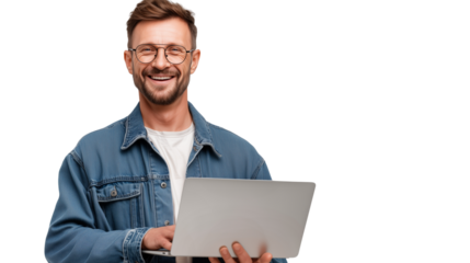 Young man smiling while working on laptop in casual outfit, enjoying time indoors at home Generative AI