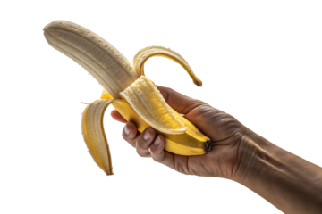 Hand holding partially peeled yellow banana, cutout, PNG isolated on a white or transparent background, AI