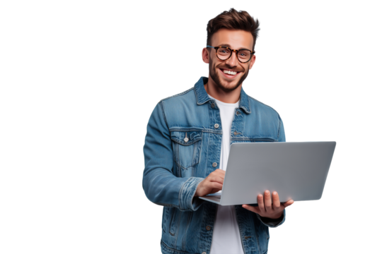 Man in denim jacket smiles while using a laptop indoors in a bright, modern setting focused on technology and connection Generative AI
