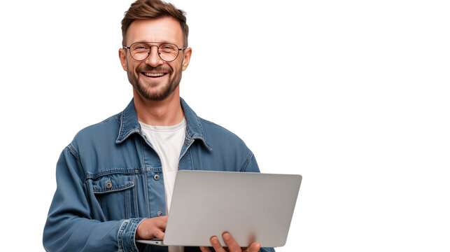 Young man smiling while working on laptop in casual outfit, enjoying time indoors at home Generative AI