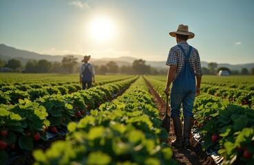 Fototapeta premium Farmer holds shovel in strawberry field at golden hour. Worker looks back at another picker at sunrise. People grow organic strawberries. Farm workers with produce on countryside plantation at sun.