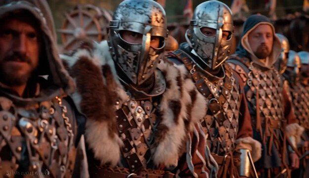  A man wearing a helmet and holding a shield, ready for action against a blurred background of fire