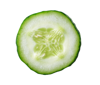 Close-up of a cucumber slice, perfectly round, showing the green rind and pale-green flesh.  A cross-section reveals the seed clusters