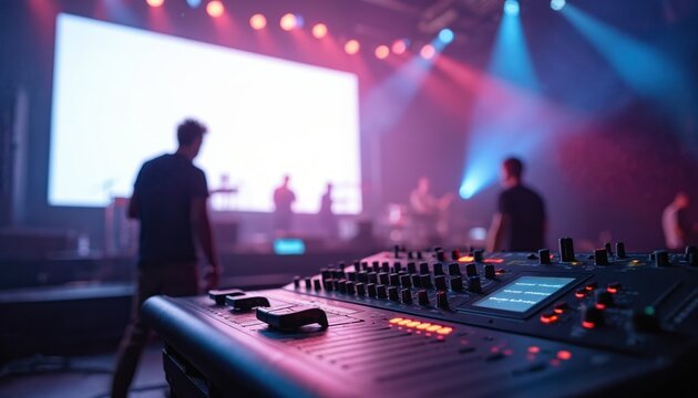 Sound mixer board on stage with sound engineer crew team working on setting, preparing production for show events music concert. Blurred white screen in background with stage lights, people moving.