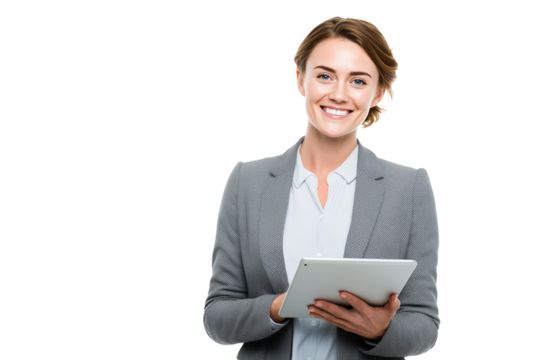 Professional woman smiling while holding tablet in a bright, modern office setting during a workday Generative AI
