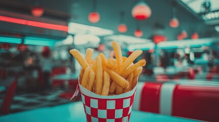 Delicious golden french fries in classic red and white checkered cup against retro diner background