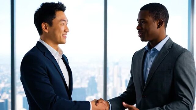 Dynamic handshake between two diverse businessmen sealing deal with city skyline backdrop in stylish modern office, symbolizing partnership and success in global market