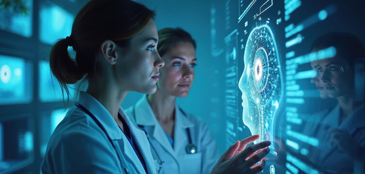 Female doctors examine futuristic eye hologram. Medical team analyze vision data on digital screen. Healthcare professionals collaborate on innovative eye care technology in hospital.