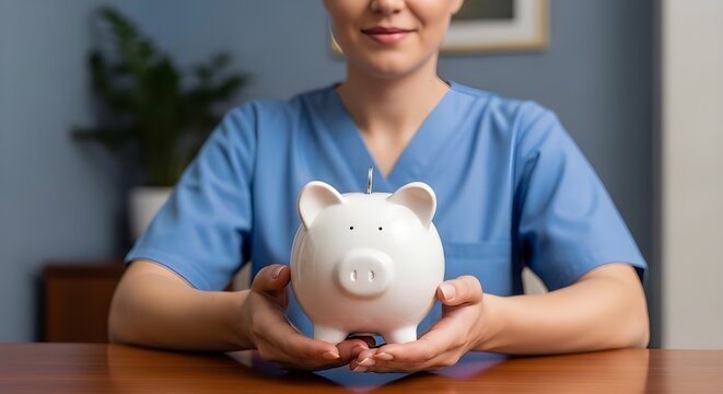 A smiling nurse in blue scrubs gently holds a white piggy bank, symbolizing financial planning and healthcare savings for a secure future - Powered by Adobe