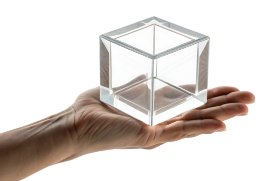 Hand holding clear glass cube , cutout, PNG isolated on a white or transparent background, AI