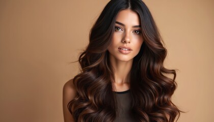 Naklejka premium Brunette woman with long wavy hair, natural makeup. Beautiful girl with shiny curly hairstyle, healthy skin. Female model posing in studio on brown background. Young lady with flowing locks, elegant