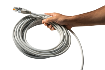 coiled gray ethernet cable with R J45 connector, cutout, PNG isolated on a white or transparent background, AI