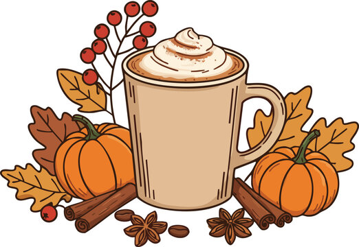 Pumpkin spice latte with whipped cream surrounded by autumn leaves pumpkins and cinnamon sticks vector illustration 