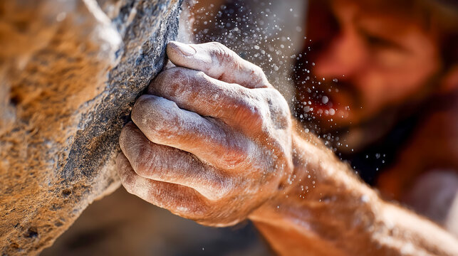 Close up of climbers chalk-covered hand gripping rock