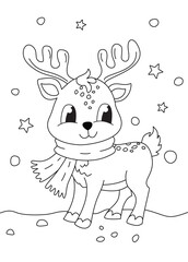 Coloring book page, adorable deer with a scarf standing in winter scenery. 
