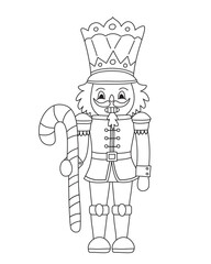 Coloring book page, simple kawaii style, nut cracker holding a candy cane.
