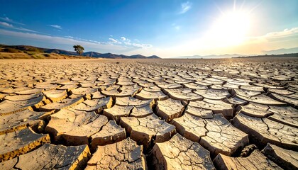 A vast arid landscape stretches beneath a blazing sun. The cracked earth dominates, with a lone tree on the horizon under a bright blue sky. Mountains in the distance