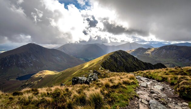 A scenic view from a mountain, featuring rolling hills, valleys, and a body of water under a cloudy sky with sun rays