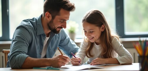 Man and child sit at desk. Father helps daughter with schoolwork. Both look happy and focused while studying together. Tutor assists little girl in learning process at home.