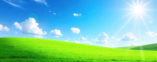 Obraz premium Sunny Day Lush Green Field Background Vibrant Blue Sky, Fluffy Clouds, Bright Sunlight, Perfect Summer Nature Scene