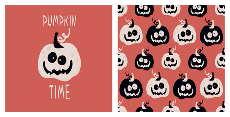 Seamless Halloween Pumpkin Pattern with Cute Scary Faces and Greeting Card