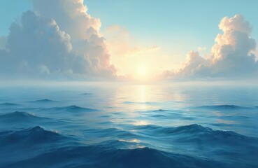 Obraz premium Calm ocean waters under soft sky with sunlight reflecting off surface. Ocean waves gently moving. Peaceful seascape with big fluffy clouds at sunrise.