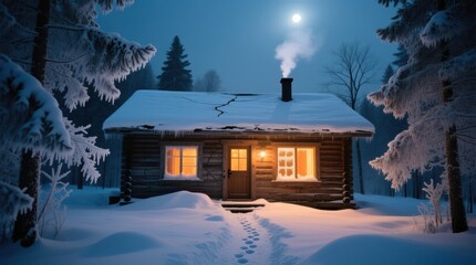 Snow-covered log cabin at night with warm lights and full moon