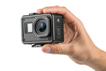Fototapeta premium Hand holding black action camera with carbon fiber texture, cutout, PNG isolated on a white or transparent background, AI