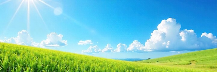 Vibrant Sunny Spring Landscape Picturesque Blue Sky, Fluffy Clouds, Bright Sunlight Illuminating Lush Trees, Perfect for Travel and Nature Projects