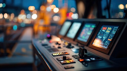 Control panel of a modern vessel with high tech display screens and soft ambient lighting